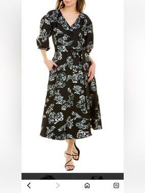 Tanya Taylor Black Floral Wrap Midi Dress